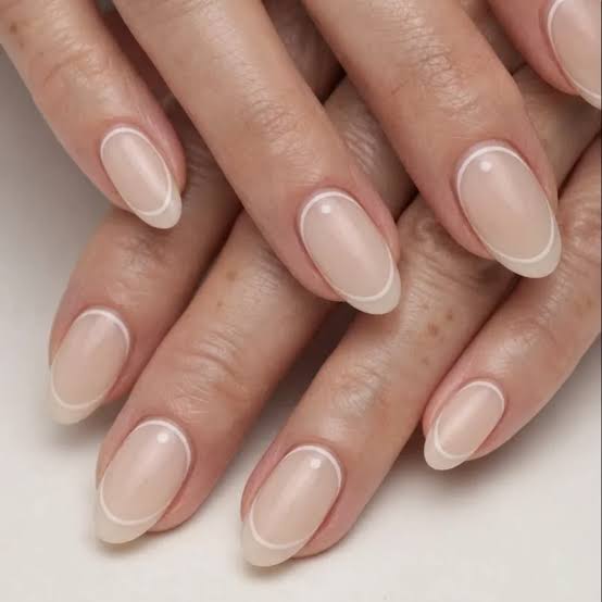 Sheer Nude Oval Nails with White Outline Tips — Trendy Gel Nail Art
