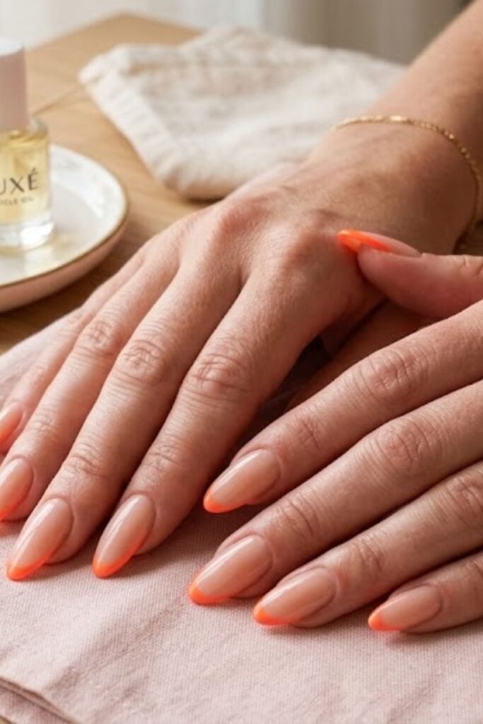 Vibrant Neon Orange Long Almond Nails — Trendy Gel Nail Art