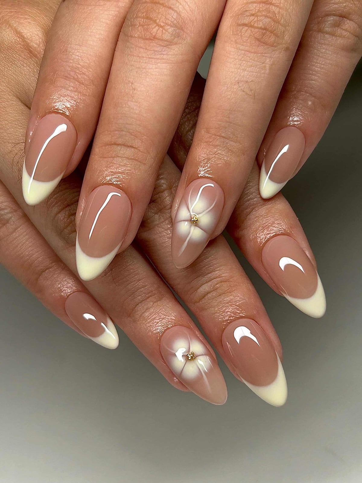 Classic French Almond Nails with Floral Art Accents — Trendy Gel Nail Art