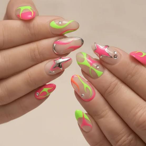 Jelly Oval Almond Nails with Neon Wavy Lines and Stars — Trendy Gel Nail Art