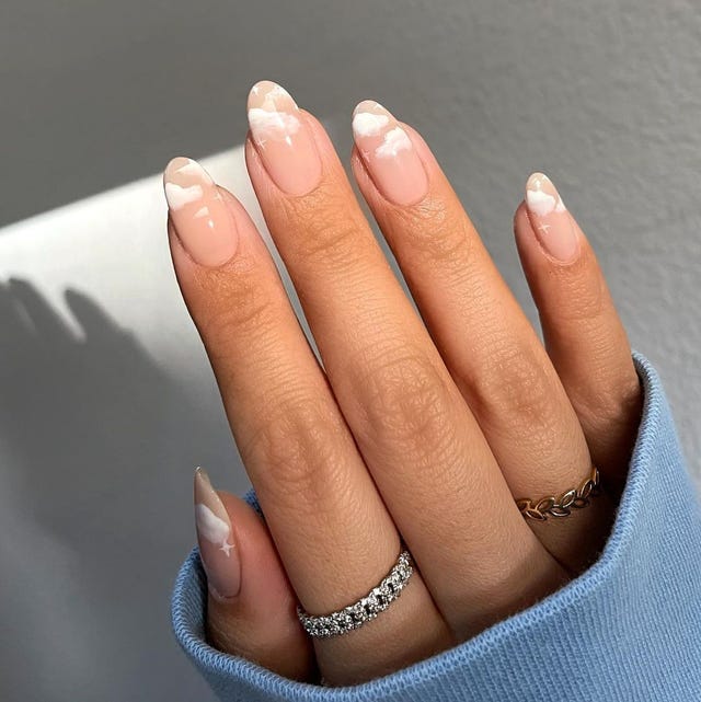 Sheer Nude Almond Nails with White Cloud Art — Trendy Gel Nail Art