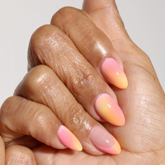 Pink to Yellow Gradient Medium Oval Nails — Trendy Gel Nail Art