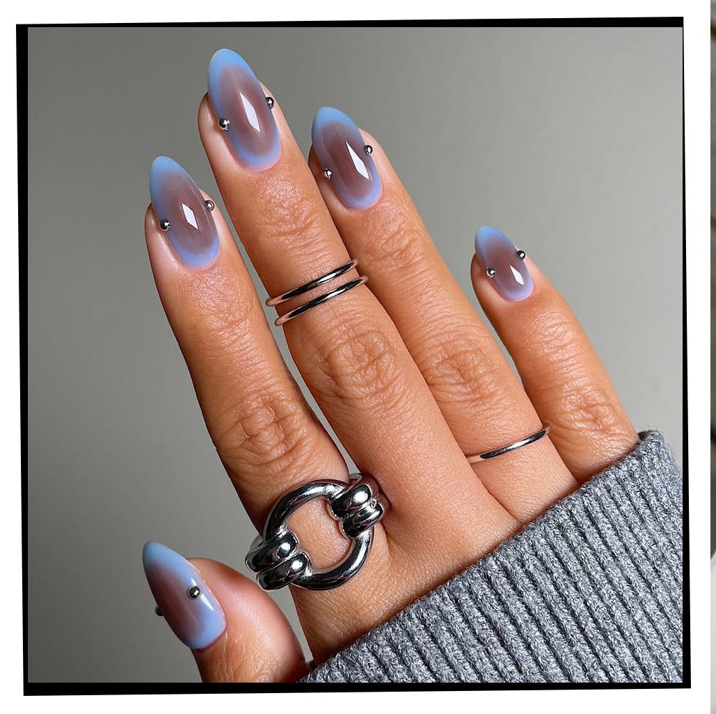 Blue Jelly Aura Medium Almond Nails with Chrome Studs — Trendy Gel Nail Art