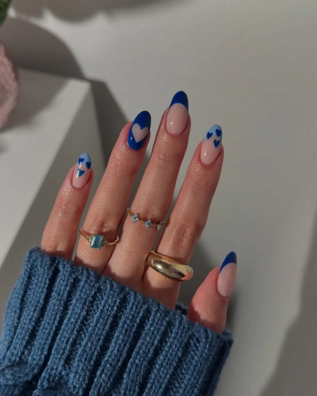 Sheer Pink Almond Nails with Blue French Tips and Hearts — Trendy Gel Nail Art