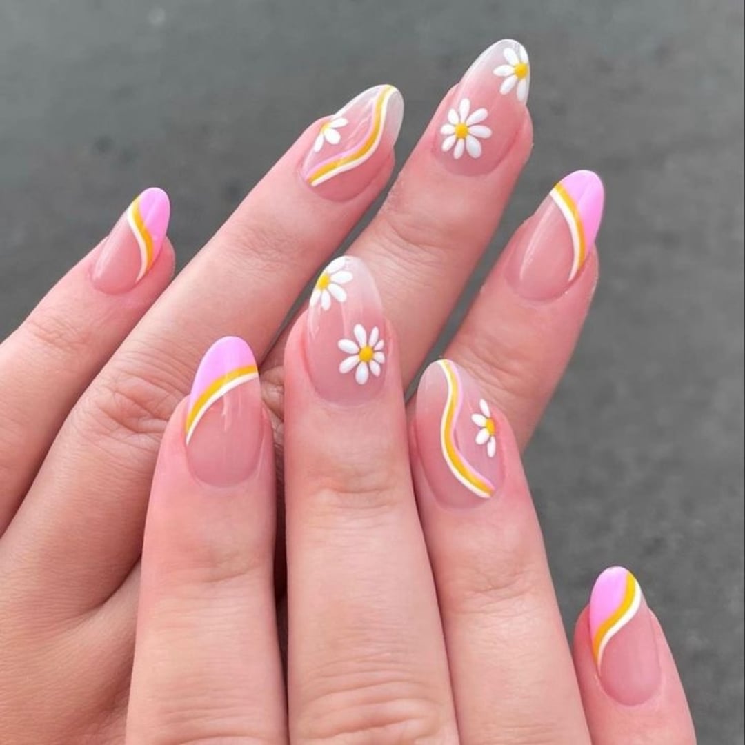 Pink and Yellow French Almond Nails with Daisy Art — Trendy Gel Nail Art