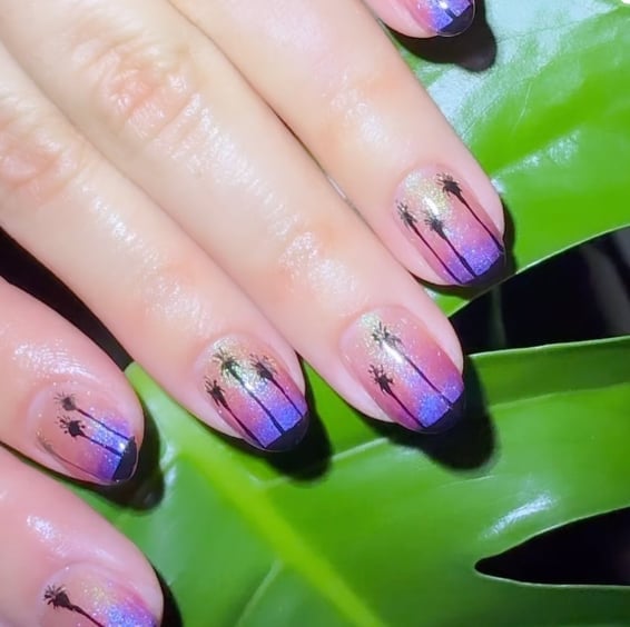 Sunset Gradient Almond Nails with Palm Tree Silhouettes — Trendy Gel Nail Art
