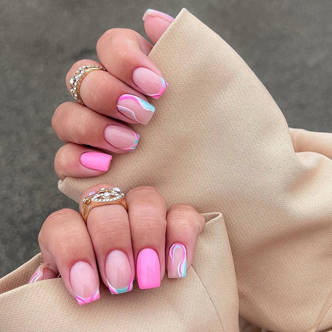 Nude Square French Nails with Wavy Accents — Trendy Gel Nail Art