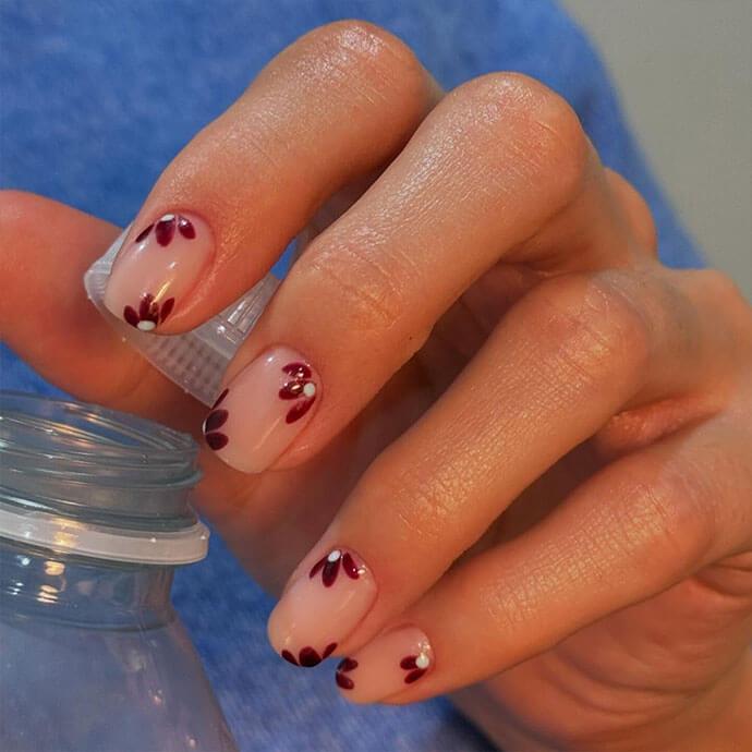 Sheer Nude Square Nails with Dark Red Floral Art — Trendy Gel Nail Art