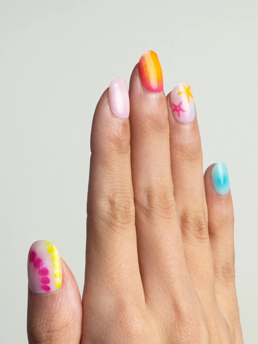 Short Oval Nails with Summer Tie-Dye and Color Blocks — Trendy Gel Nail Art
