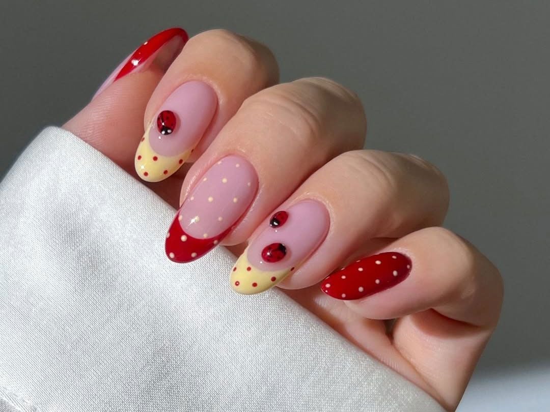 Sheer Pink Oval Nails with Ladybug Art and French Tips — Trendy Gel Nail Art