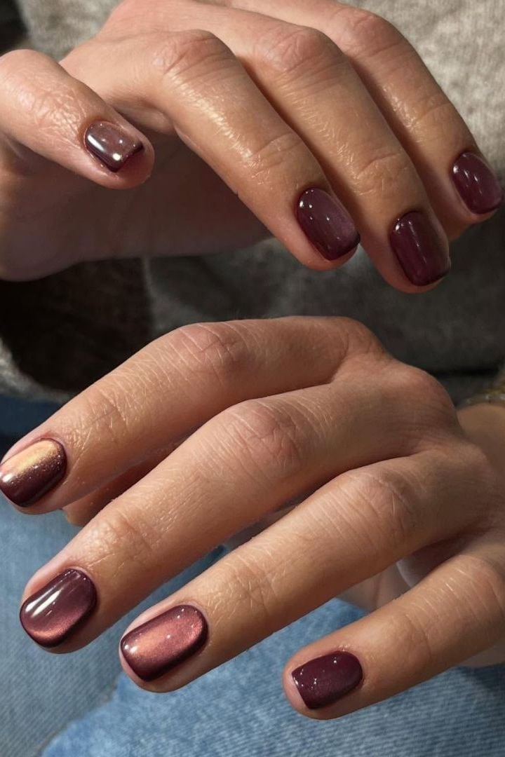 Deep Burgundy Cat-Eye Short Square Nails — Trendy Gel Nail Art