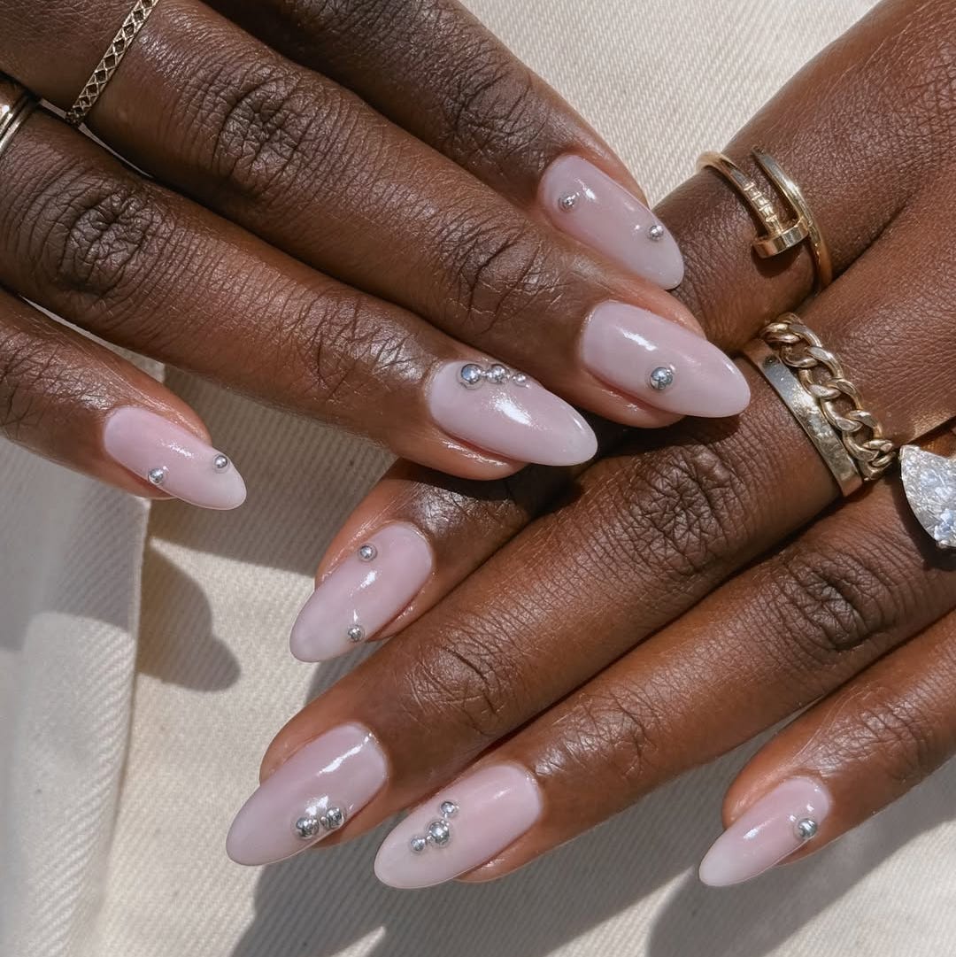 Sheer Milky Pink Almond Nails with Silver Beads — Trendy Gel Nail Art