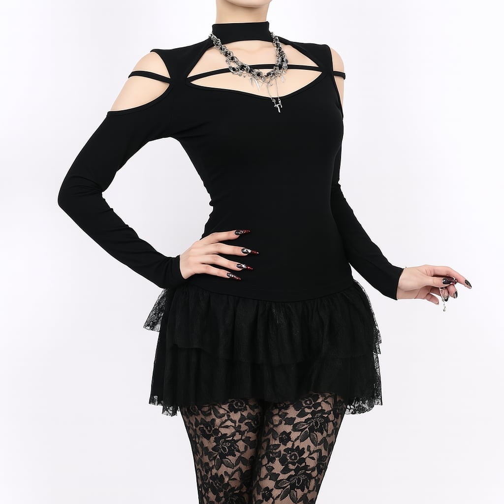 Cut-Out Top with Tiered Lace Skirt and Layered Necklace — Trendy Goth Style