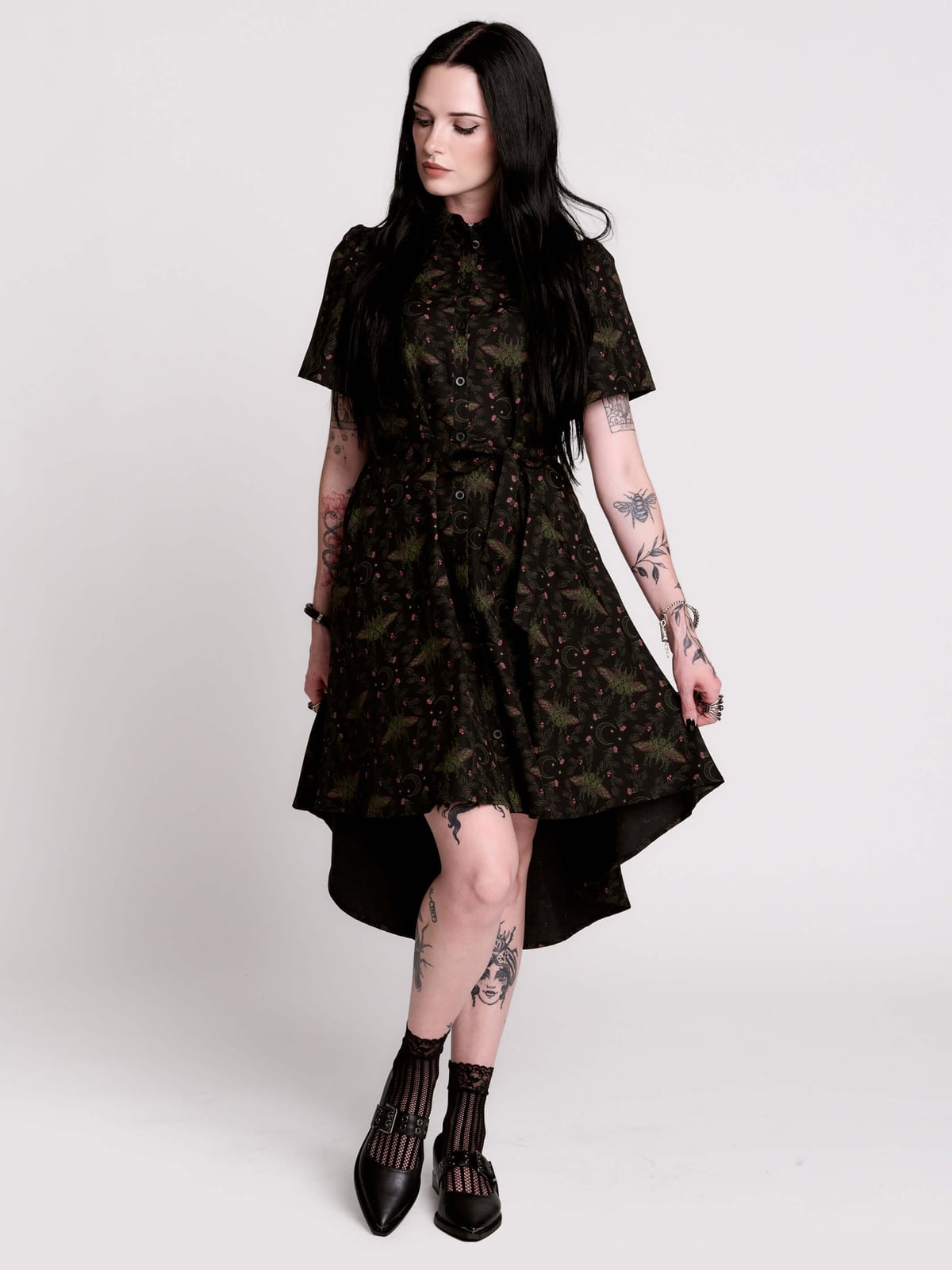 Dark Green Hi-Low Hem Dress with Cutout Socks — Trendy Goth Style