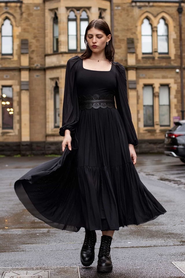 Tiered Skirt Black Dress with Lace Belt and Combat Boots — Trendy Goth Style