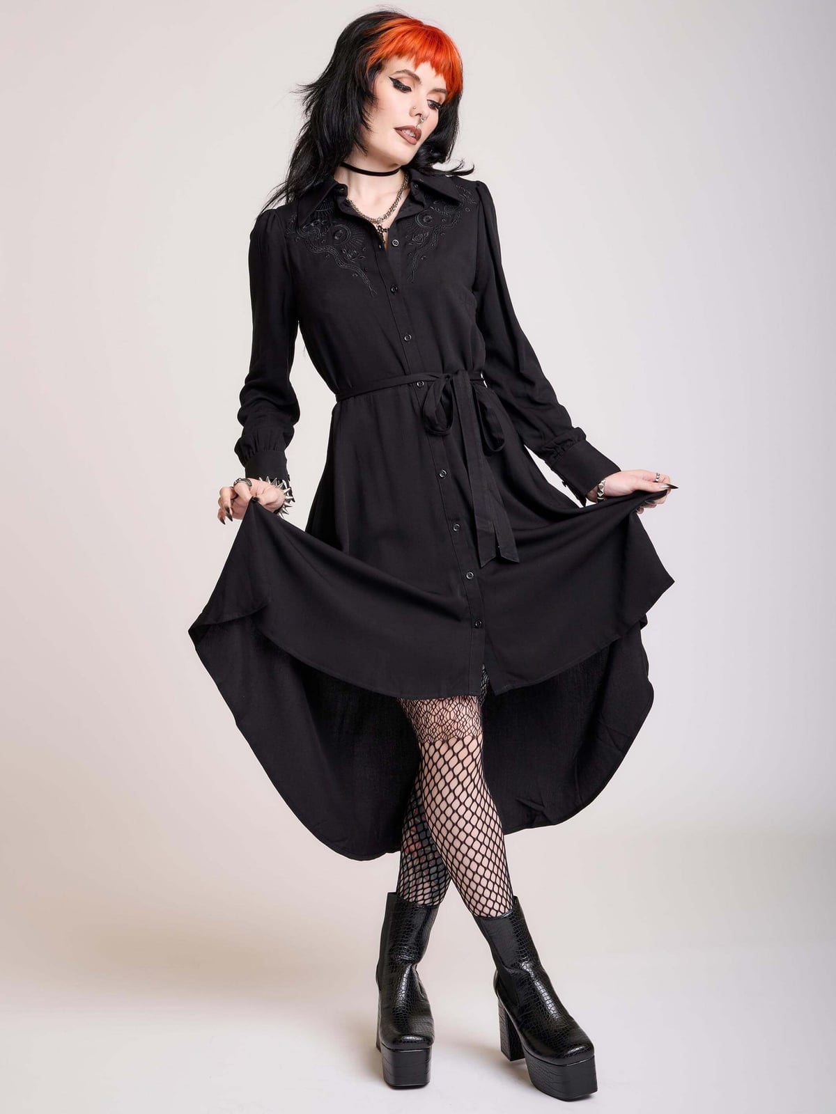 Shirt Dress with High-Low Hem and Fishnet Tights — Trendy Goth Style