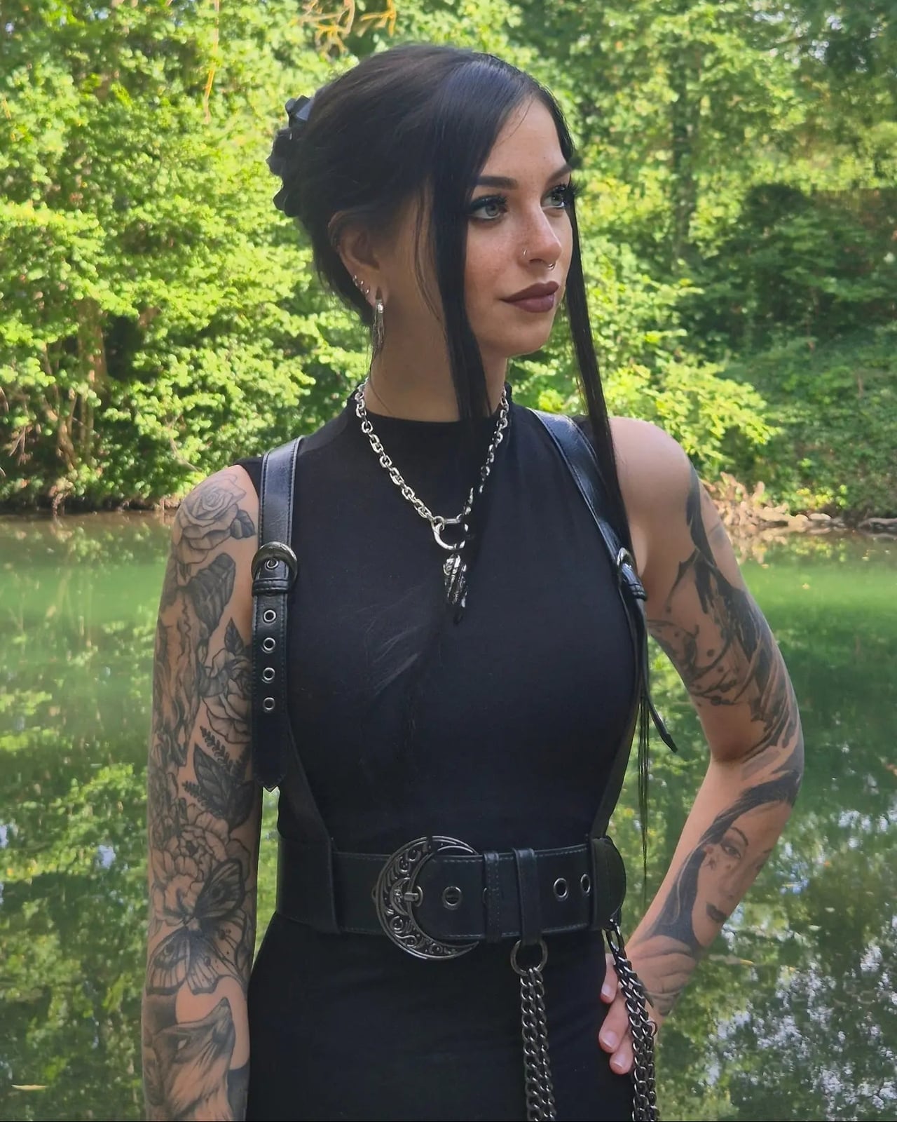 Harness Top with Belt and Chain Necklace for Night Out — Trendy Goth Style
