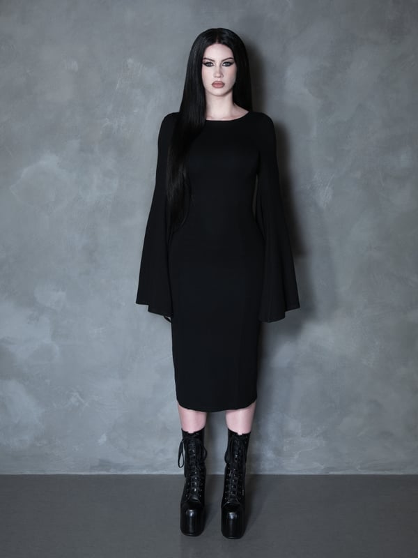 Long Sleeve Midi Dress with Dramatic Bell Sleeves and Platform Boots — Trendy Goth Style