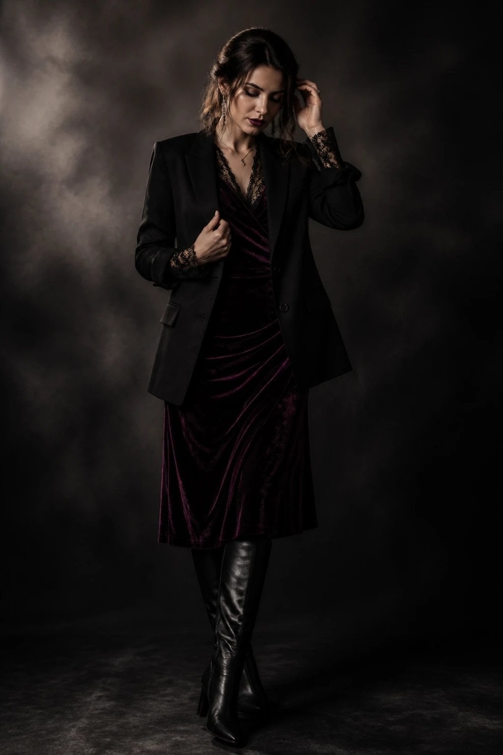 Velvet Ruched Dress under Blazer with Lace Cuffs — Trendy Goth Style