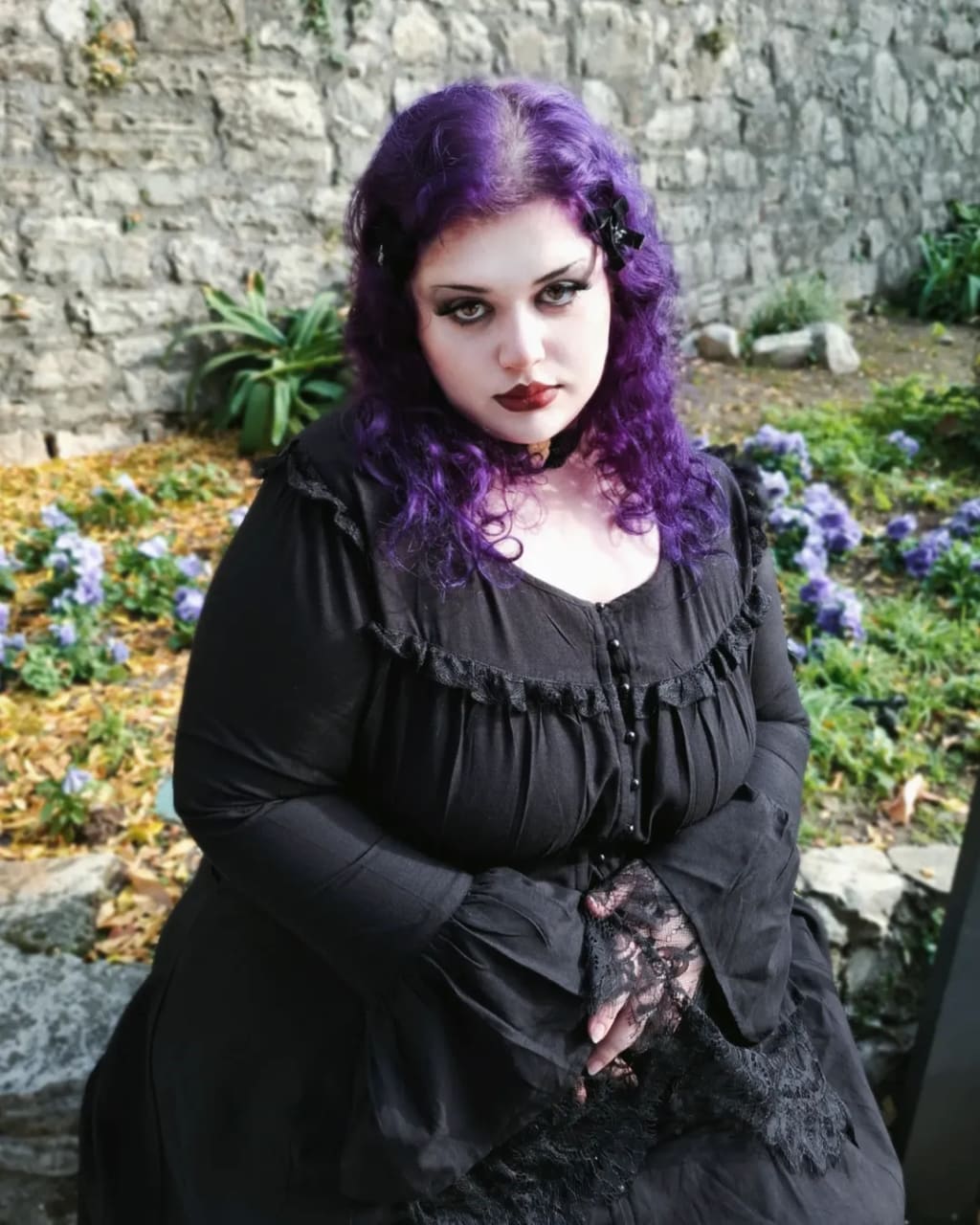 Ruffled Neckline Dress with Lace Gloves and Lace-Up Boots — Trendy Goth Style