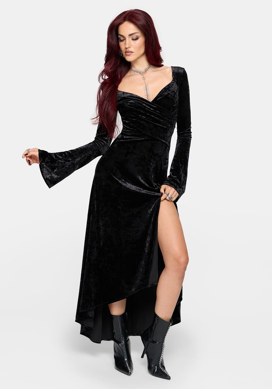 Crushed Velvet Dress with High Slit and Studded Boots — Trendy Goth Style