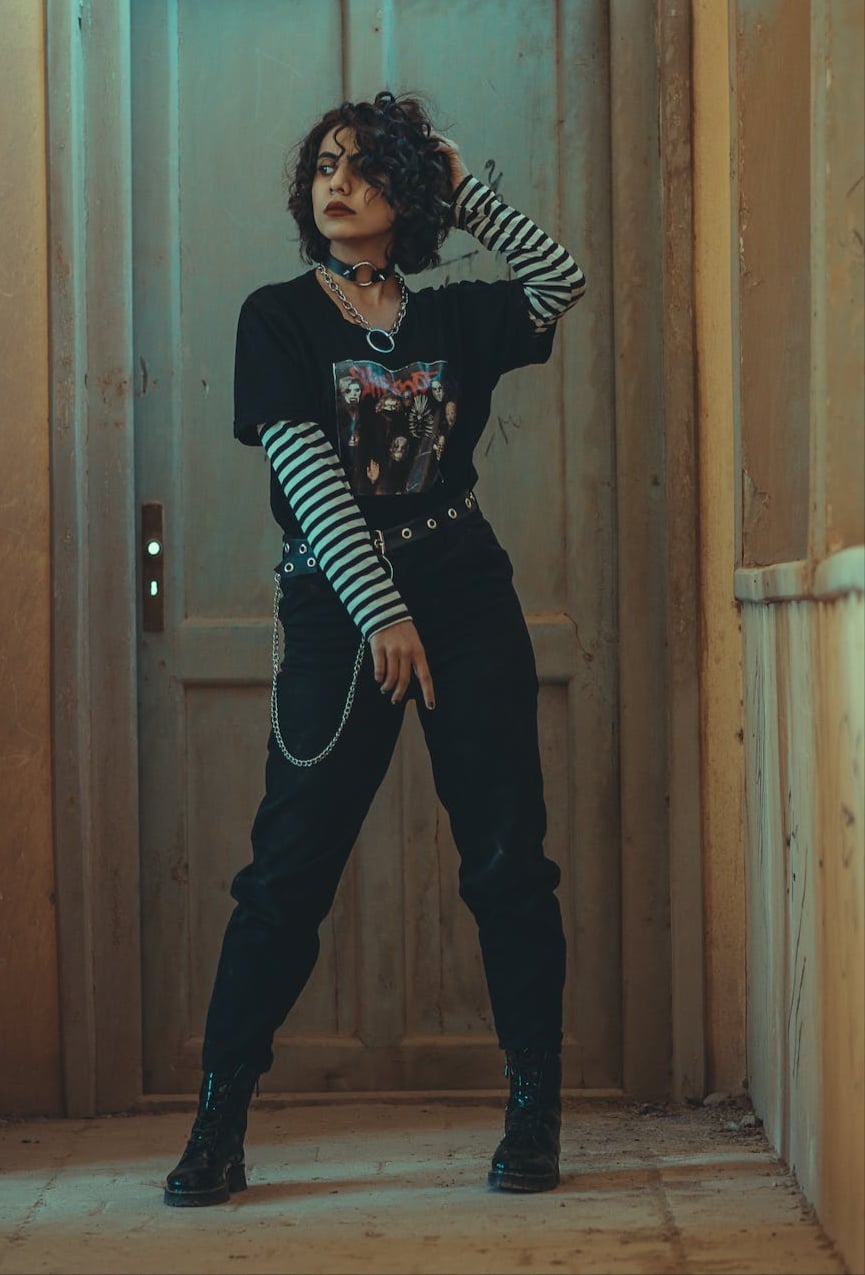 Layered Band T-Shirt with Chain Belt and Combat Boots — Trendy Goth Style