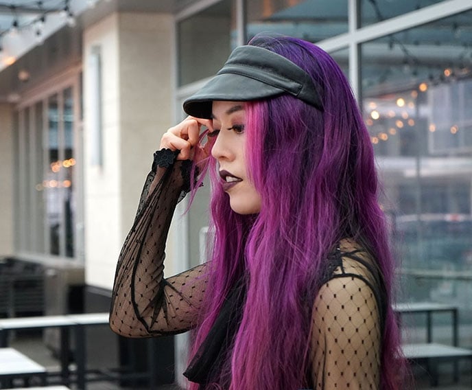 Fitted Lace Top with Purple Hair and Visor — Trendy Goth Style