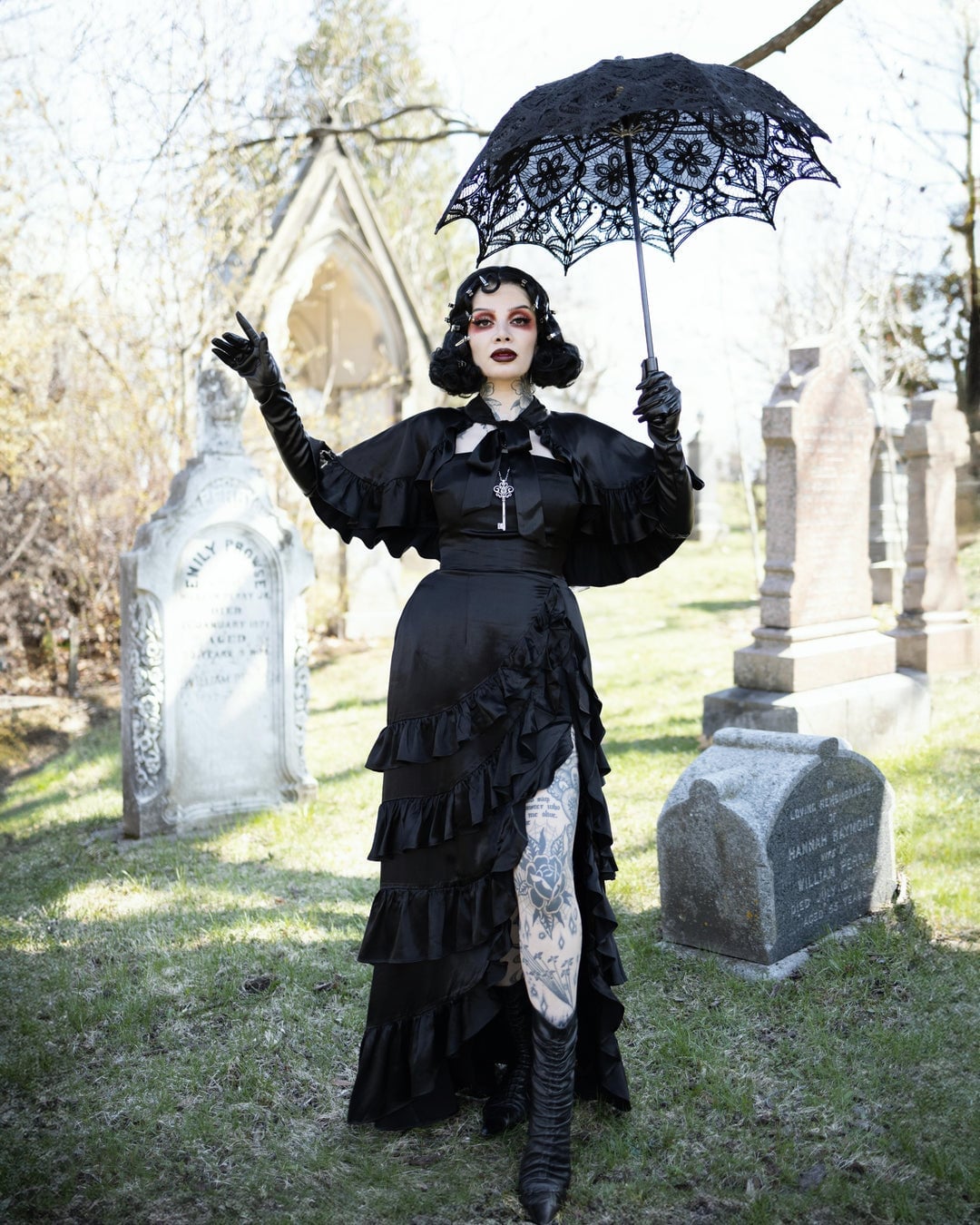 Cemetery Gothic Look with Ruffled Dress and Lace Umbrella — Trendy Goth Style