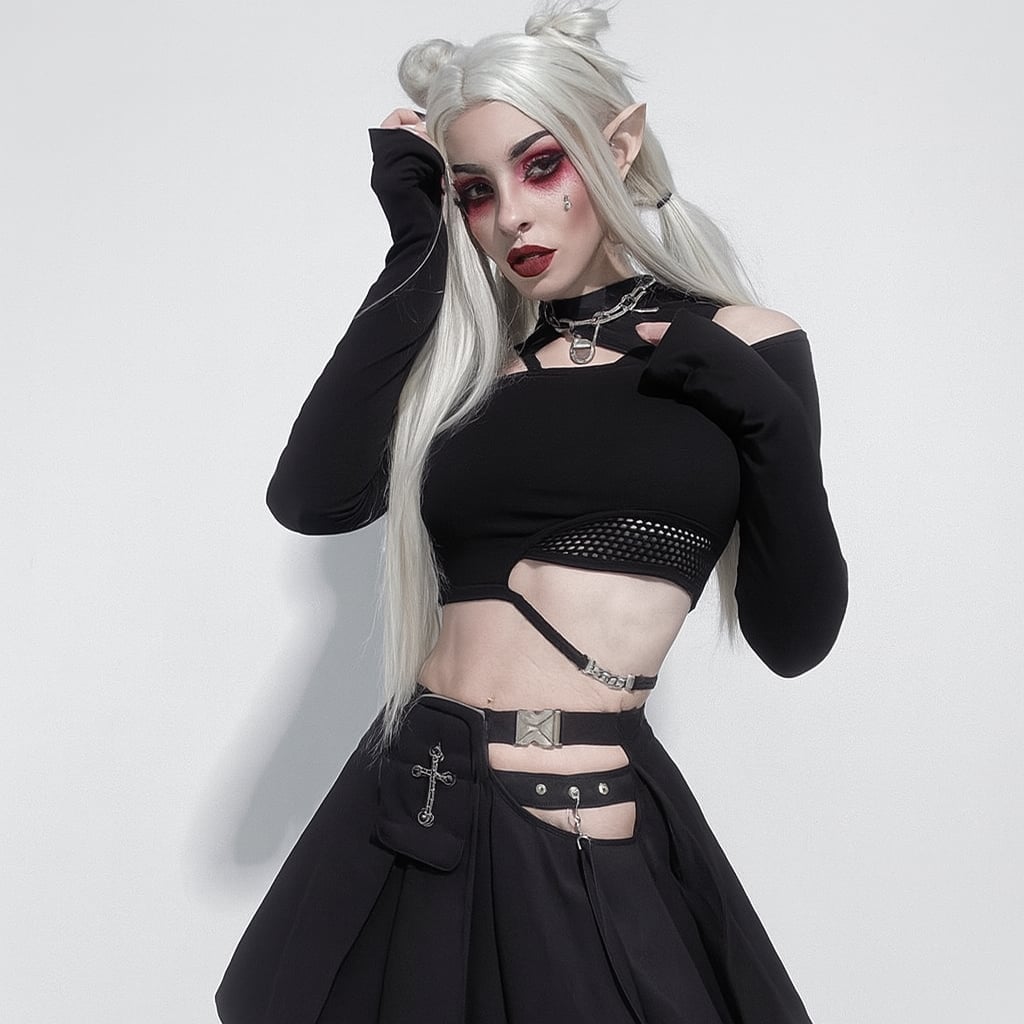 Edgy Cropped Top and Pleated Skirt with Chain Belt — Trendy Goth Style