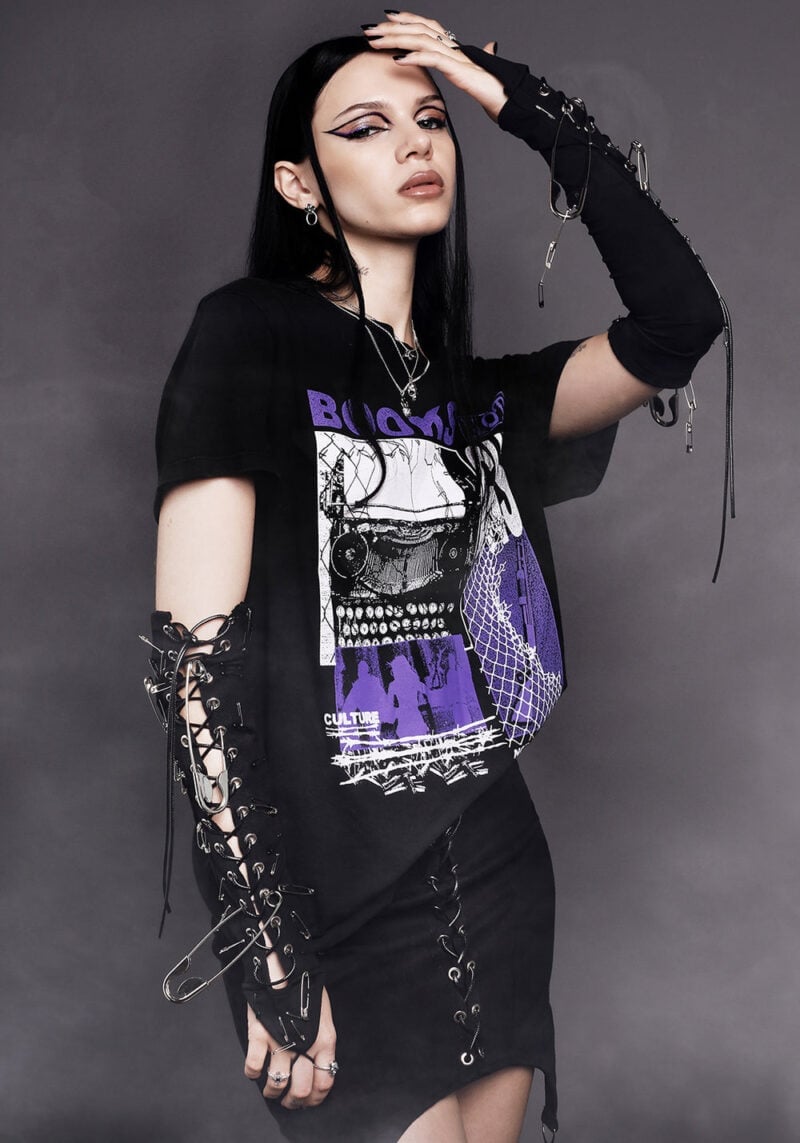 Graphic T-Shirt with Detached Laced Sleeves and Skirt — Trendy Goth Style