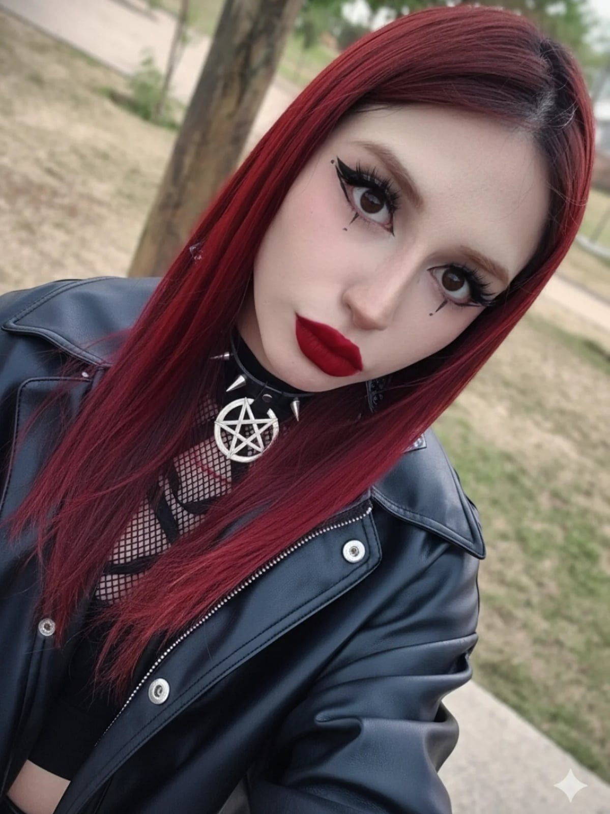 Leather Jacket over Fishnet Top with Spiked Choker — Trendy Goth Style
