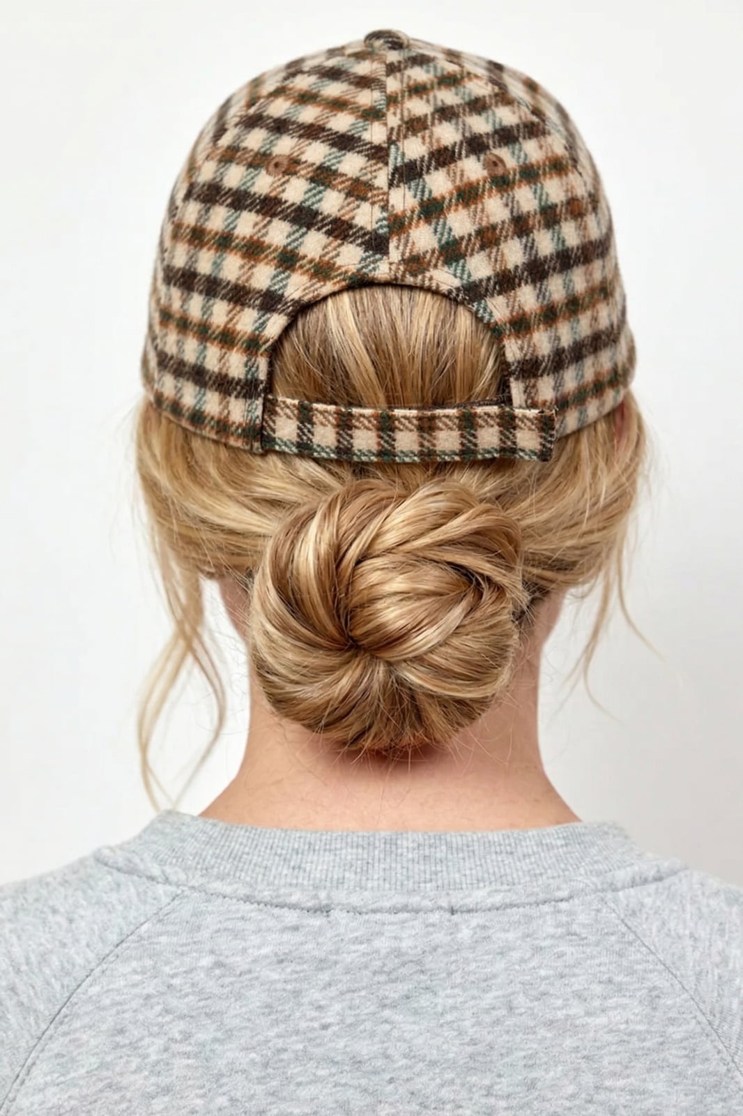 Neck Length Wavy Blonde Low Bun with Cap Neck Length Wavy Blonde Low Bun with Cap — Trendy Hair with Hat
