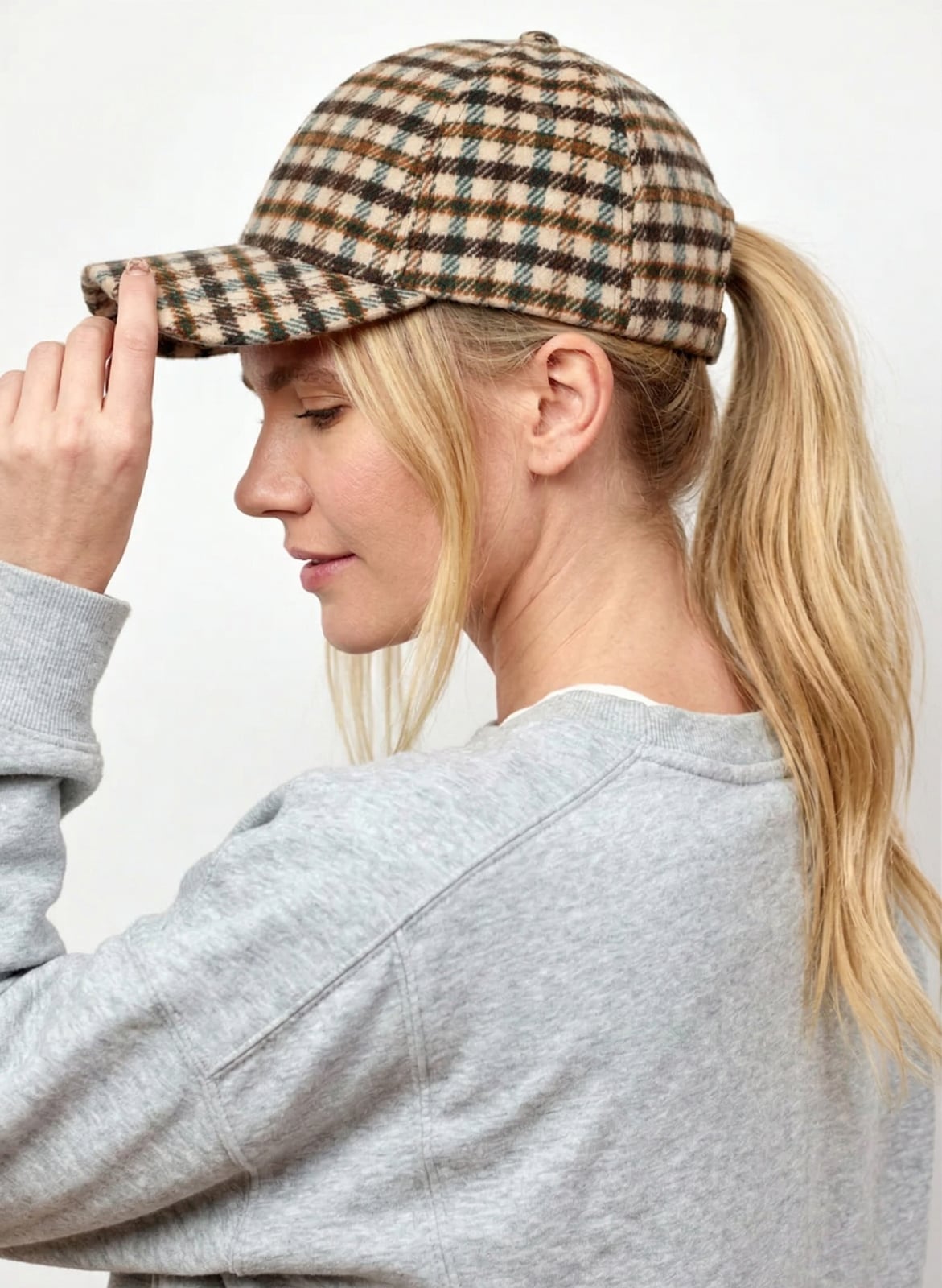 Collarbone Ponytail with Plaid Cap Collarbone Ponytail with Plaid Cap — Trendy Hair with Hat