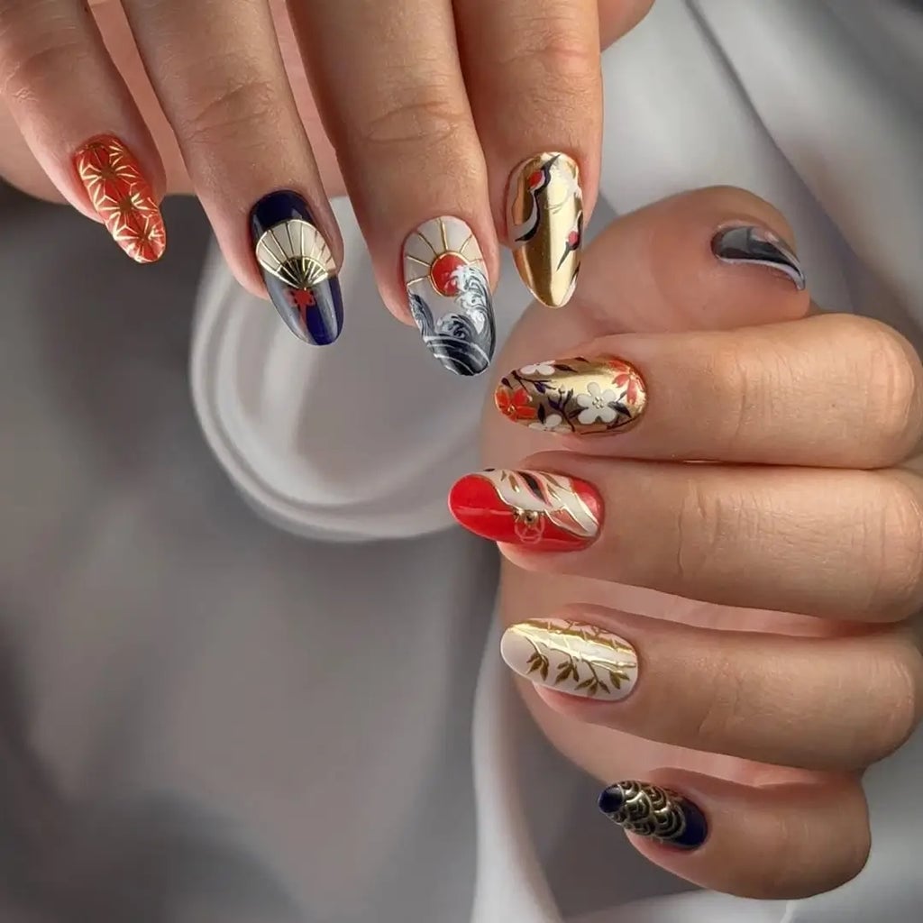 Medium Almond Japanese Motifs Glossy Nails — Trendy Japan Nails
