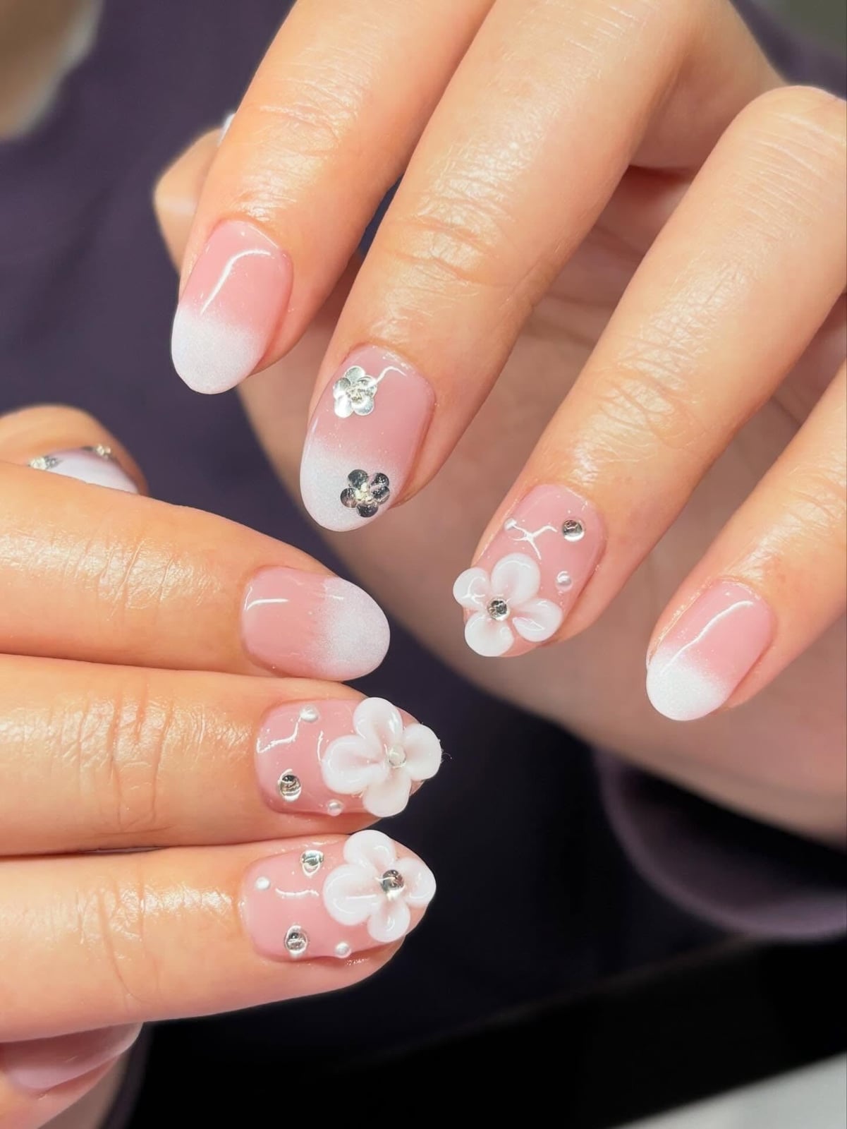 Short Square Sheer Pink 3D Flower Gold Accent Nails — Trendy Japan Nails