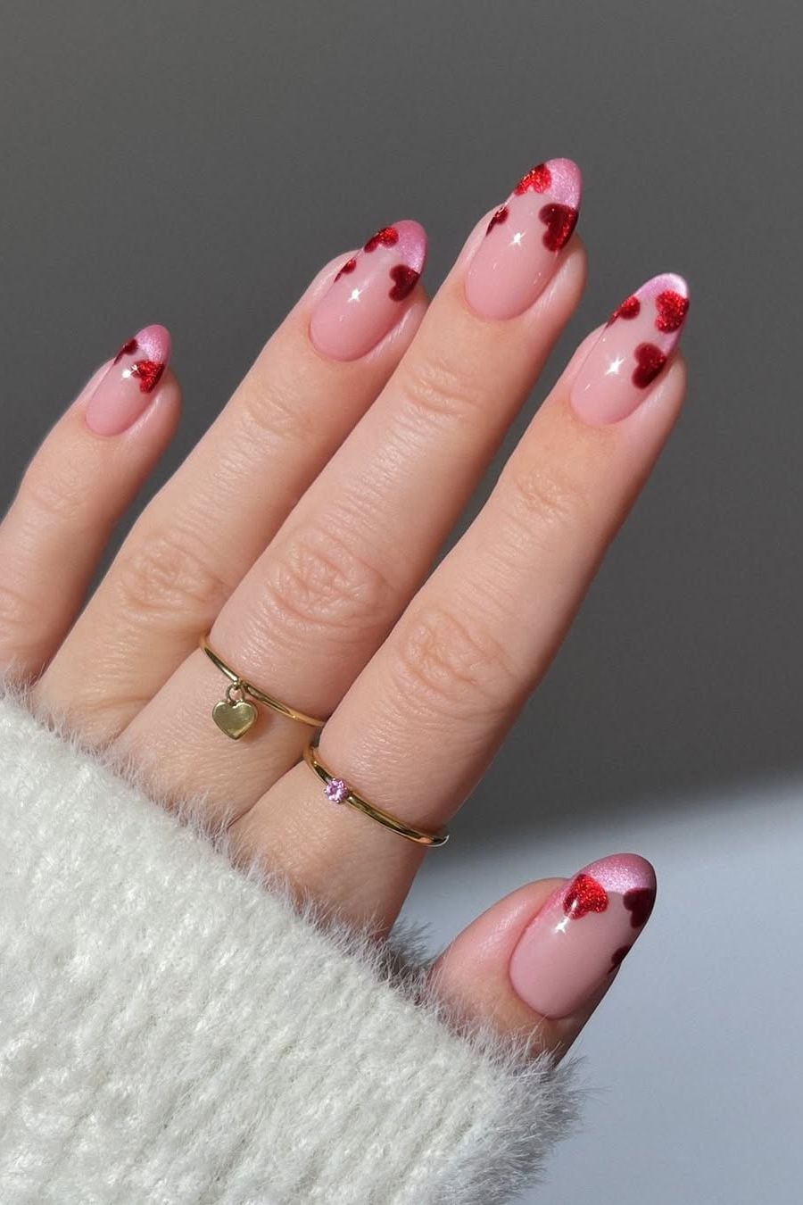 Medium Almond Pink Glossy French Heart Glitter Nails — Trendy Japan Nails