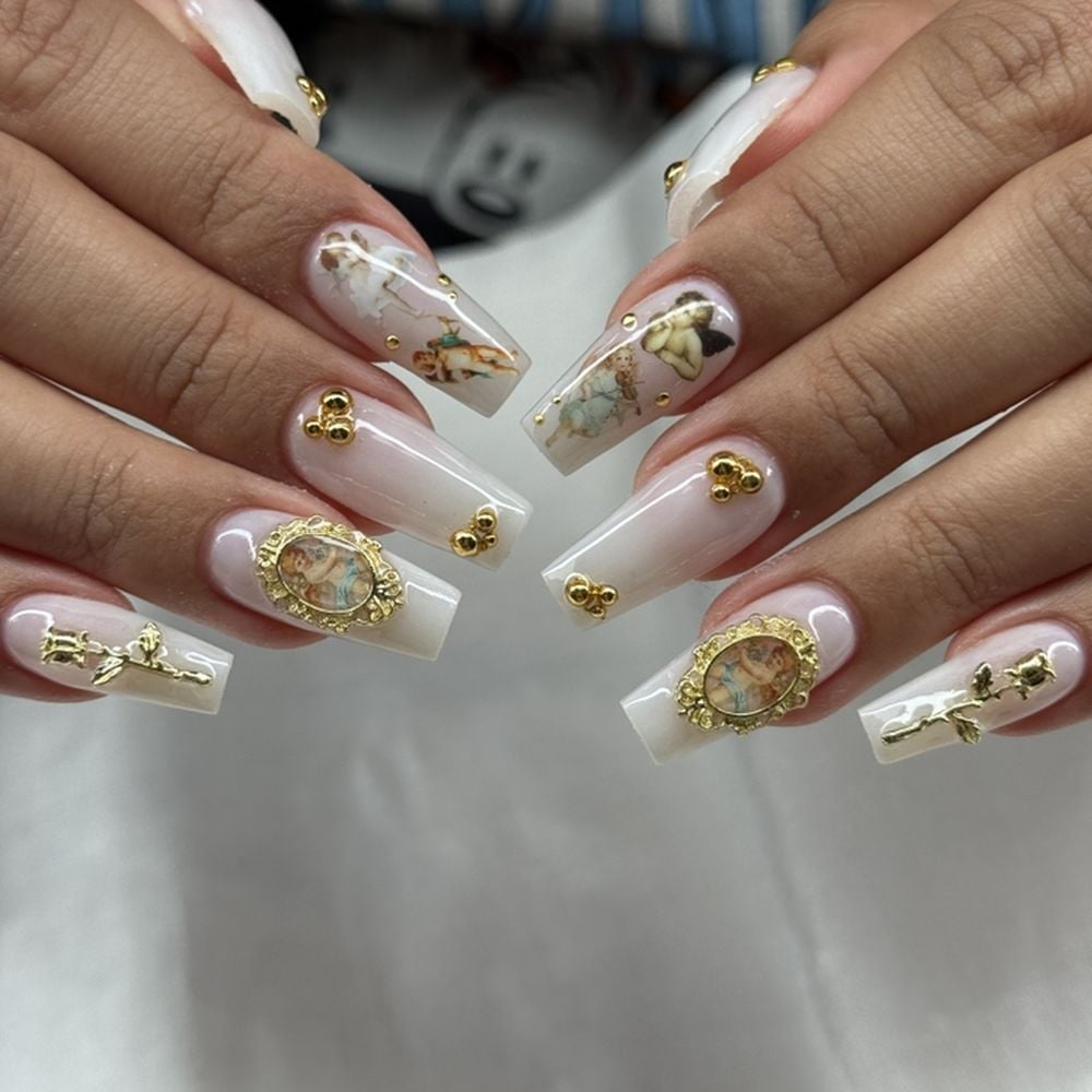 Long Soft Square Milky White Gold Embellished Nails — Trendy Japan Nails
