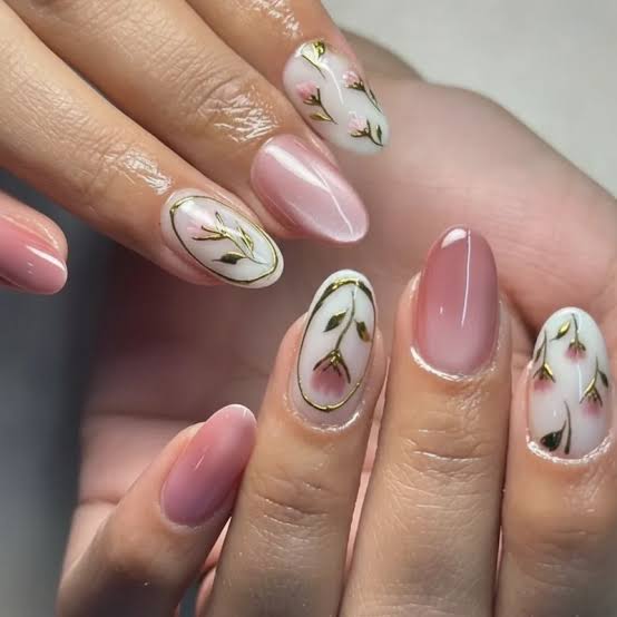 Medium Oval Cat Eye Floral Gold Accent Nails — Trendy Japan Nails