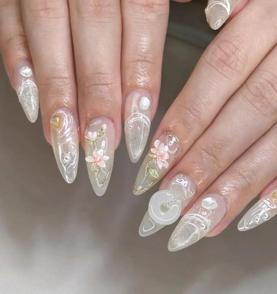 Medium Almond Nude 3D Flower Glitter Line Art Nails — Trendy Japan Nails