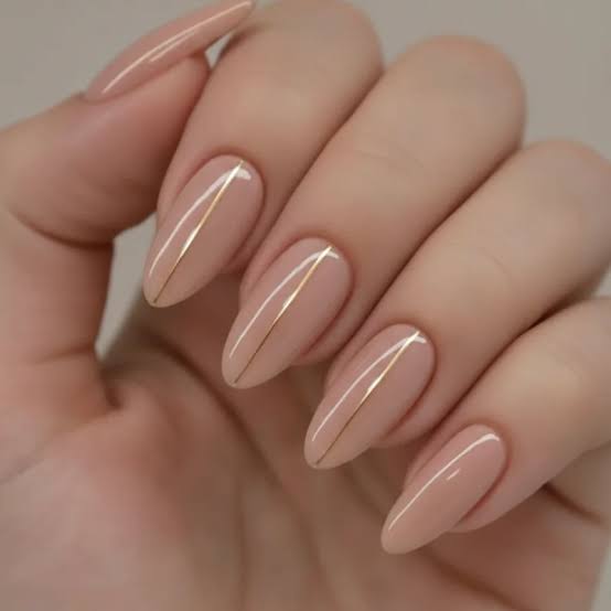 Medium Almond Nude Gold Line Glossy Nails — Trendy Japan Nails