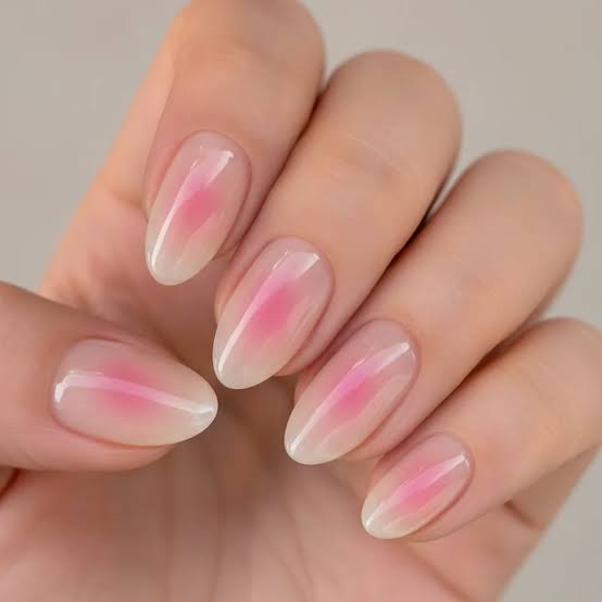 Milky Pink Aura Oval Nails — Trendy Korean Nails