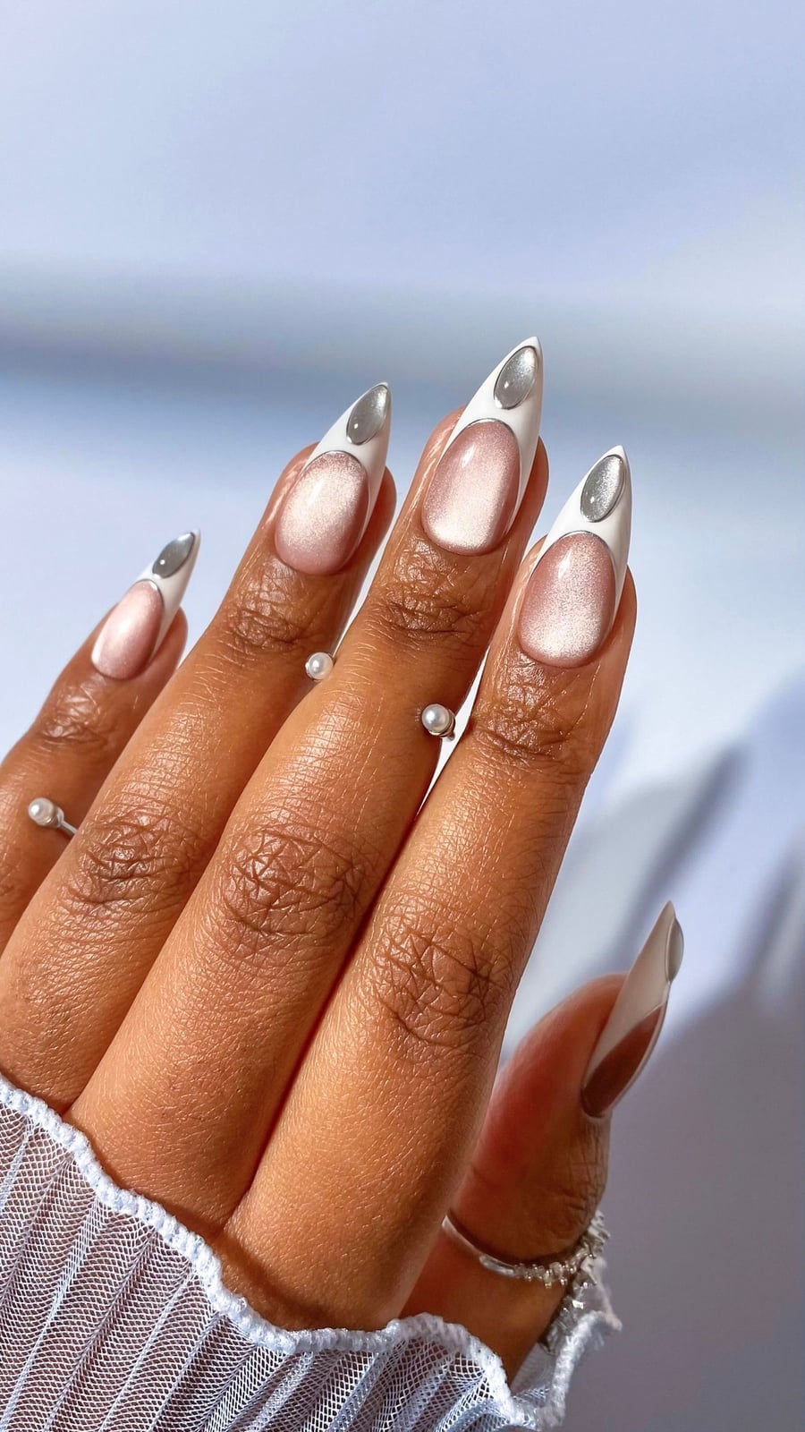 Long Stiletto French Cat-Eye Nails with Silver Accents — Trendy Korean Nails