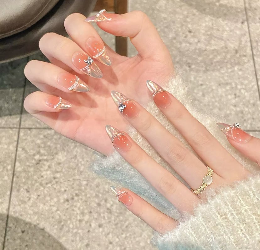 Nude Peach Gradient Silver Tip Almond Nails — Trendy Korean Nails