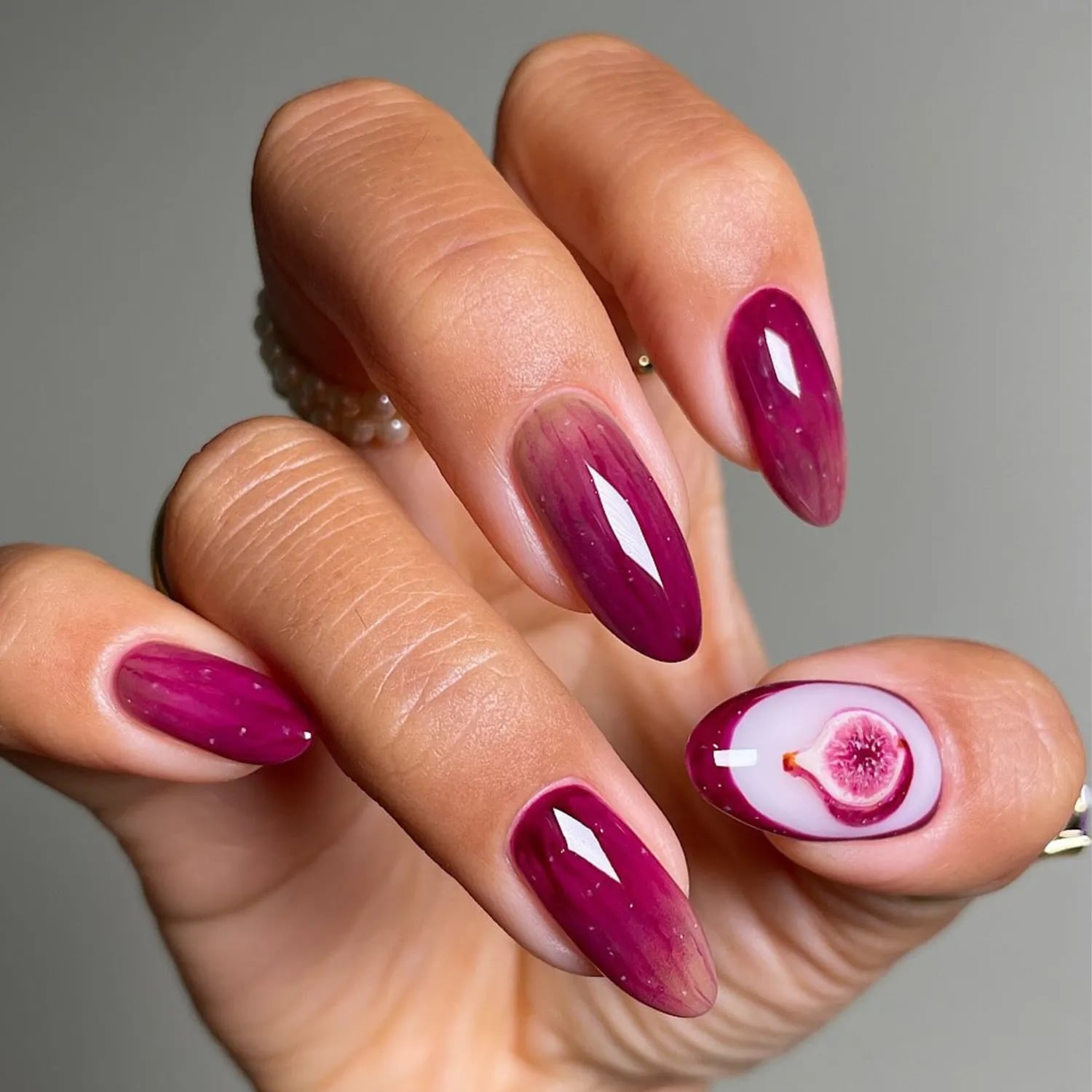 Magenta Purple Gradient Almond Nails with Fig Art — Trendy Korean Nails