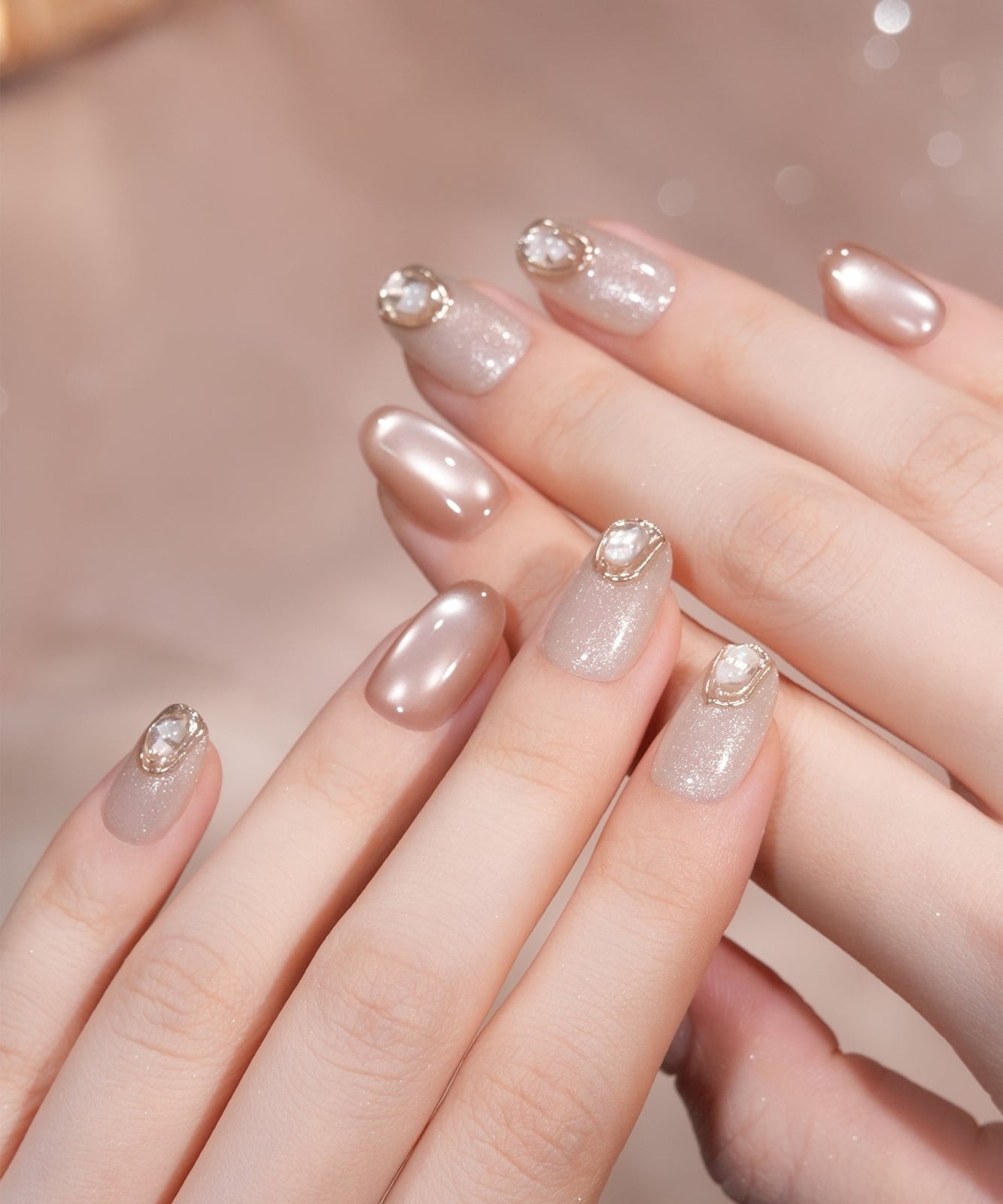 Short Almond Nude Champagne Rose Gold Nails — Trendy Korean Nails