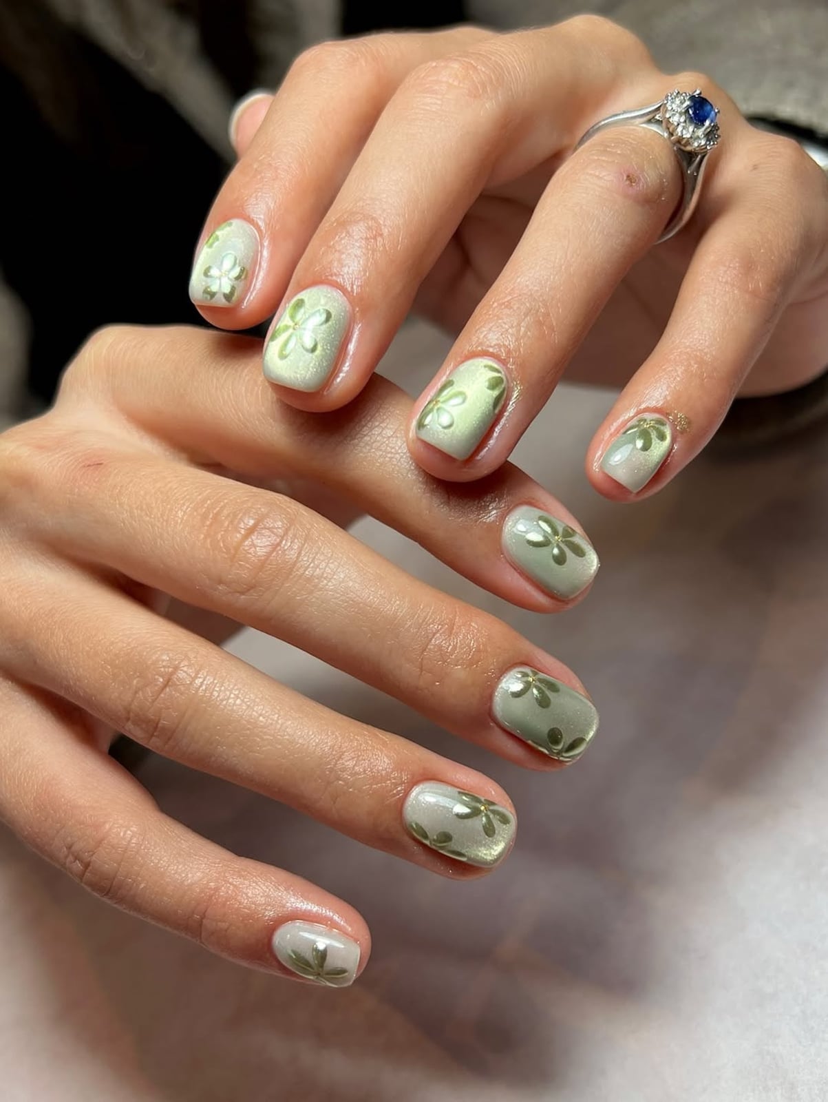 Short Almond Mint Green Floral Motif Nails — Trendy Korean Nails