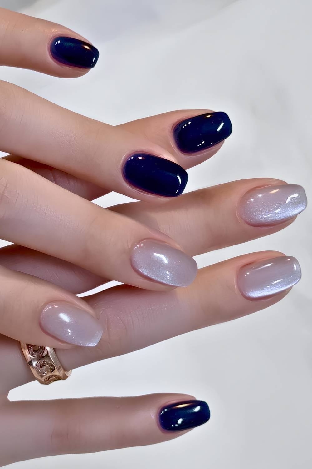 Navy Blue Light Gray Cat-Eye Coffin Nails — Trendy Korean Nails