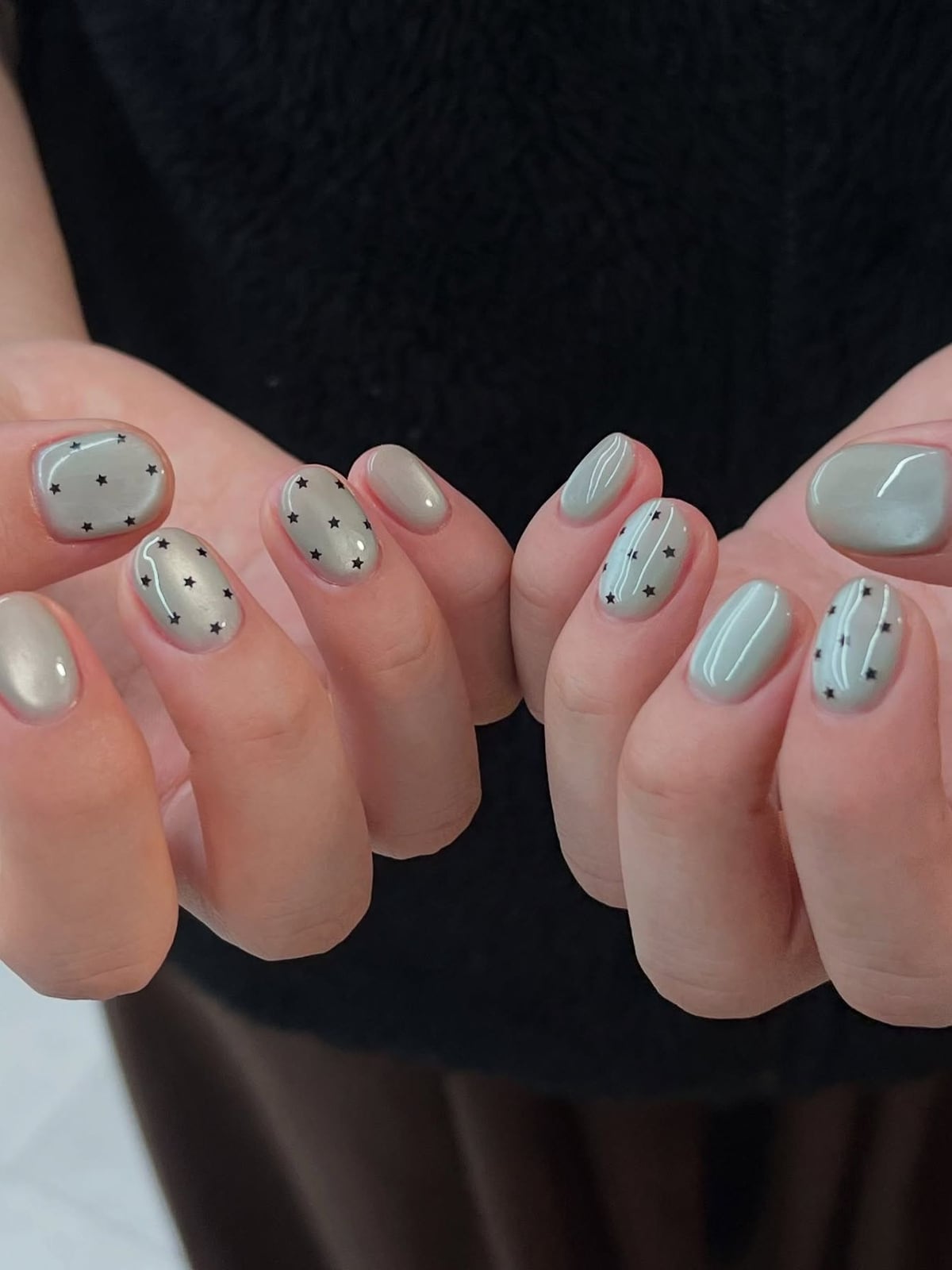 Mint Green Gray Star Decal Short Square Nails — Trendy Korean Nails