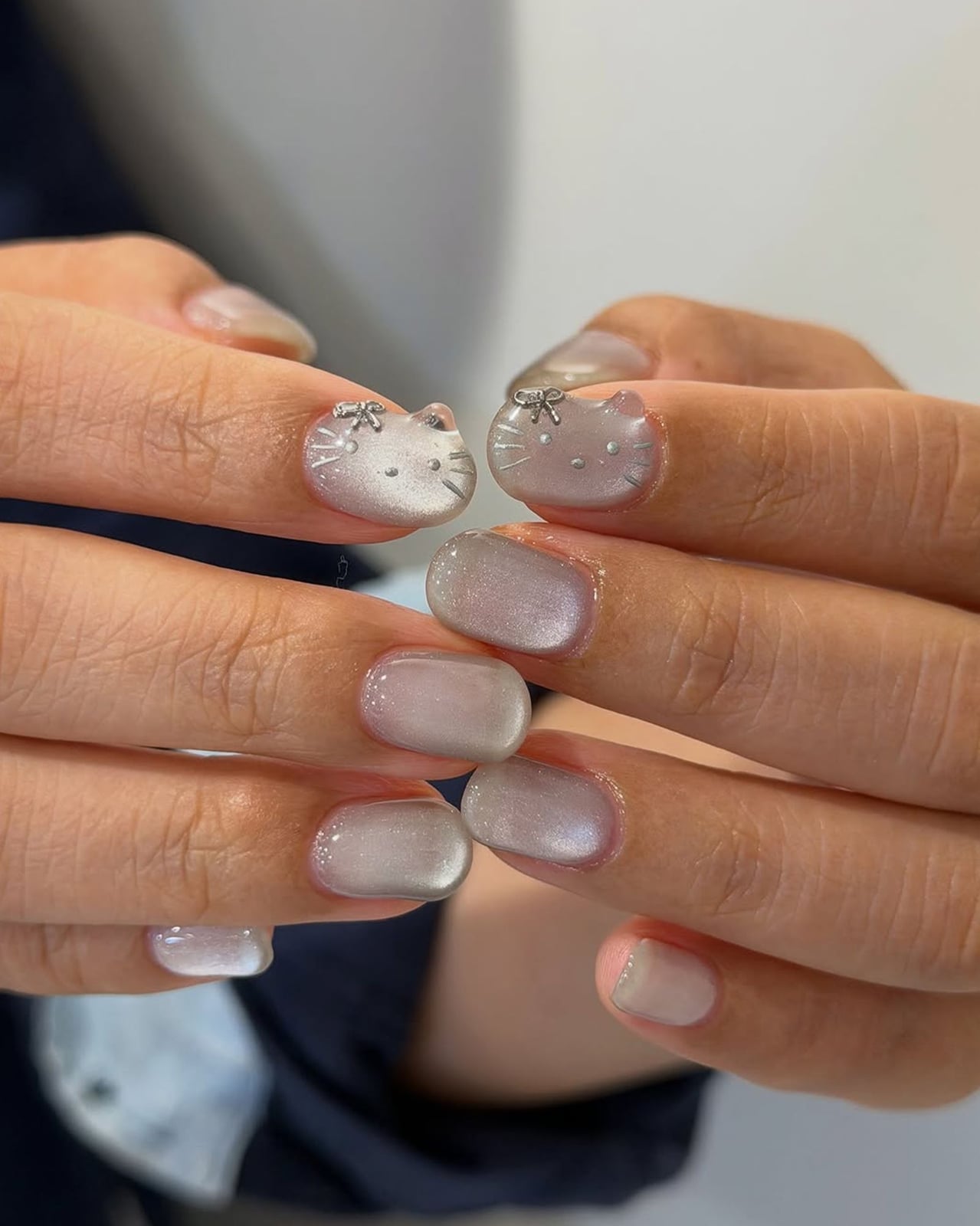 Pearlescent White Hello Kitty Short Square Nails — Trendy Korean Nails