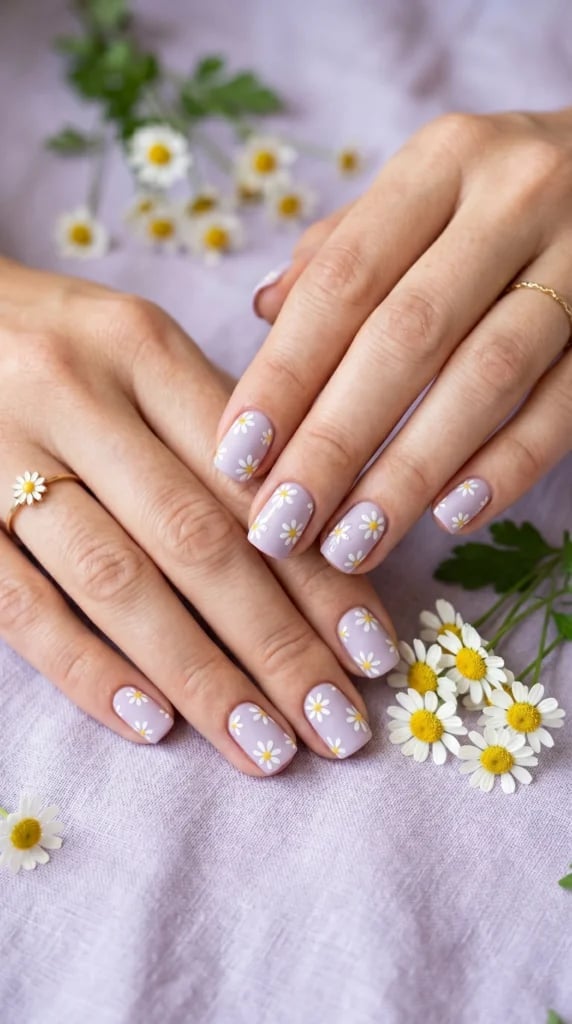 Lavender Daisy Short Oval Nails — Trendy Korean Nails
